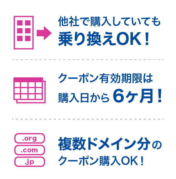 他社で購入していても乗り換えOK・クーポン有効期限は購入日から6ヶ月・複数ドメイン分のクーポン購入OK