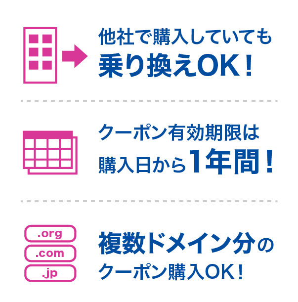 他社で購入していても乗り換えOK・クーポン有効期限は購入日から1年間・複数ドメイン分のクーポン購入OK
